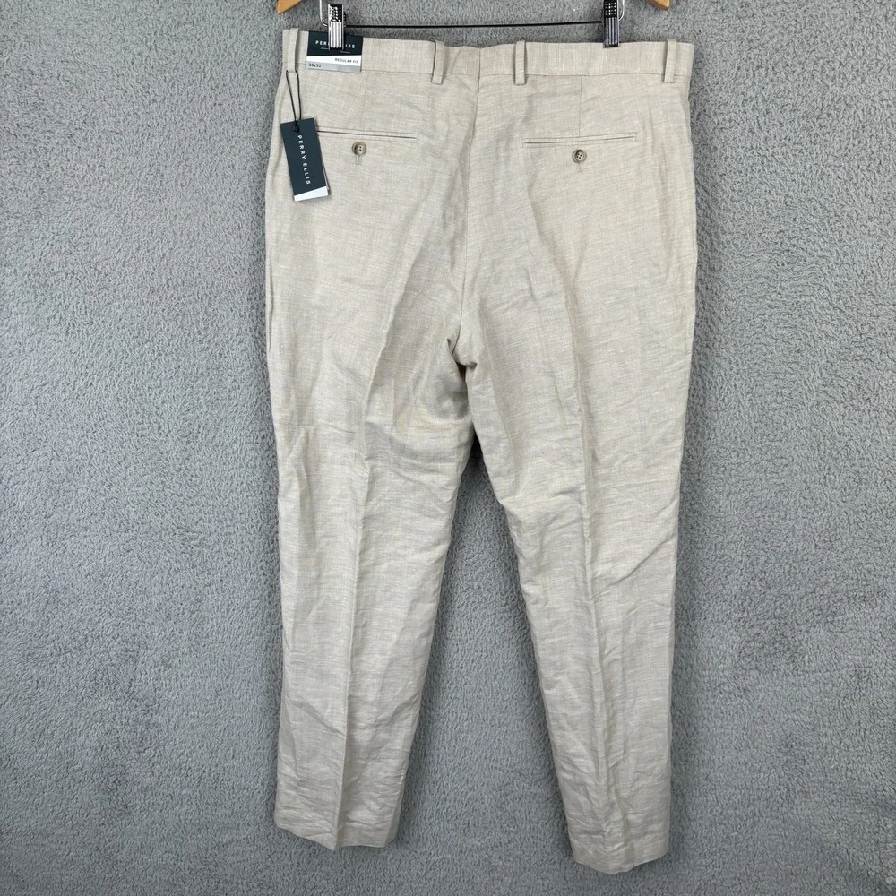 NEW Perry Ellis Linen Blend Dress Pants Men 36x32 Tan Regular Fit Slacks